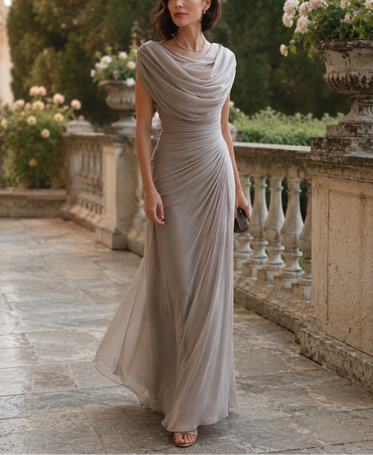 Claudia | Vestito lungo drappeggiato con scollo a drappeggio e ruches