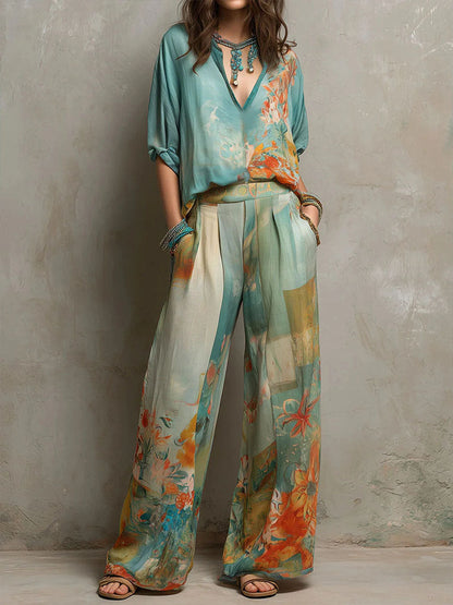 Chiara | Conjunto elegante con estampado floral y pantalón amplio