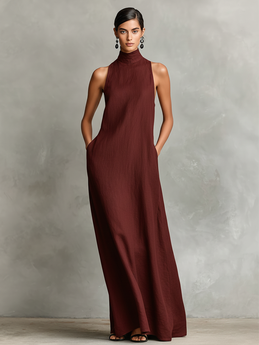 Bianca | Abito lungo nero in lino misto da donna con collo alto e tasche laterali, vestito casual minimalista intramontabile