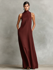Bianca | Abito lungo nero in lino misto da donna con collo alto e tasche laterali, vestito casual minimalista intramontabile