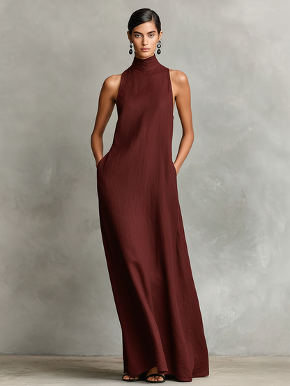 Bianca | Abito lungo nero in lino misto da donna con collo alto e tasche laterali, vestito casual minimalista intramontabile