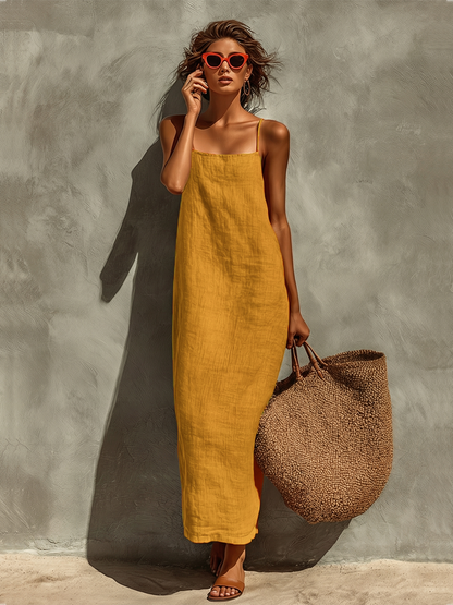 Loren | Abito rosso in cotone da donna con spalline sottili e scollo quadrato, stile boho-resort intramontabile
